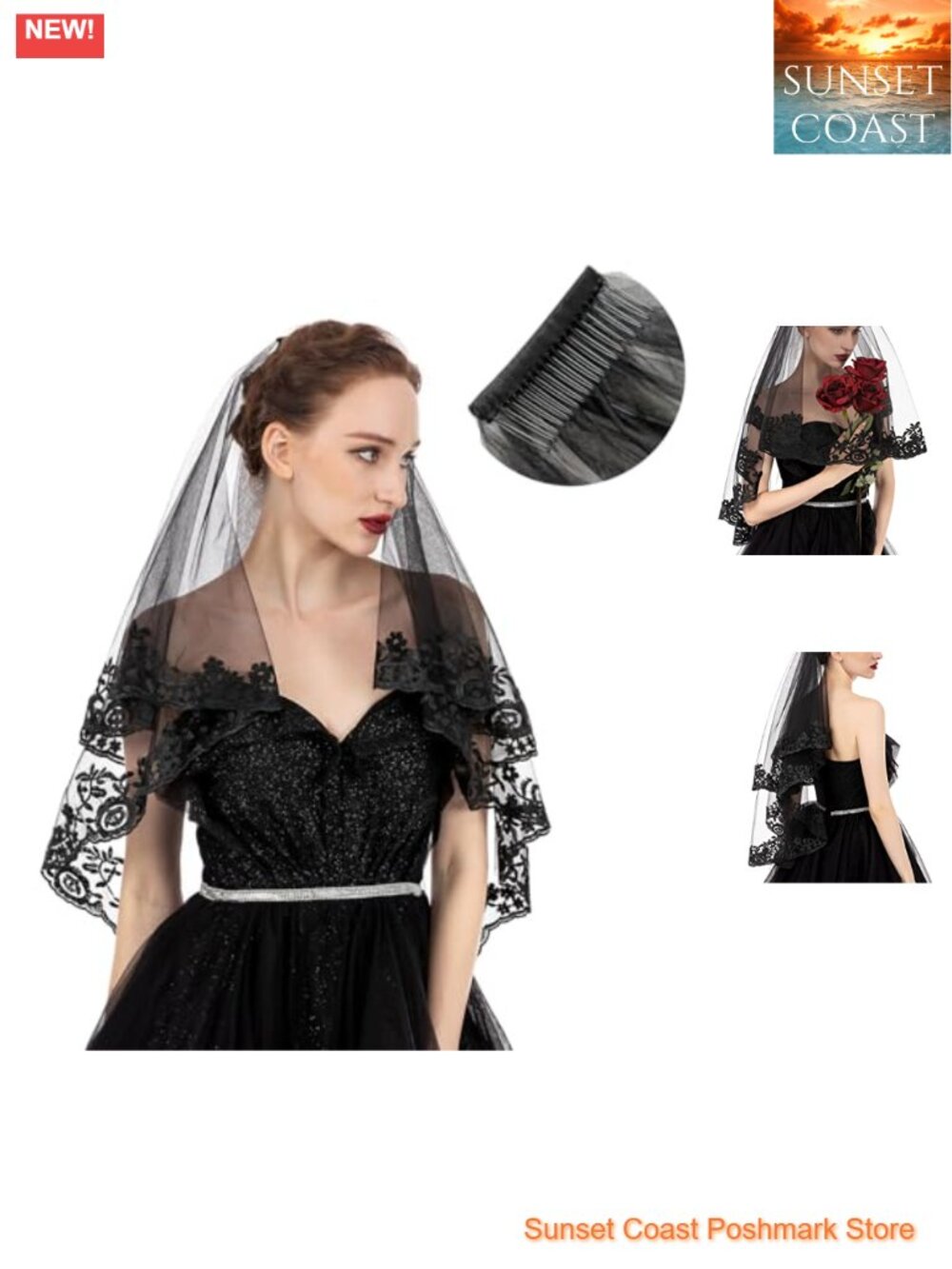 Black Tulle Wedding Veil with Metal Comb Double Layer